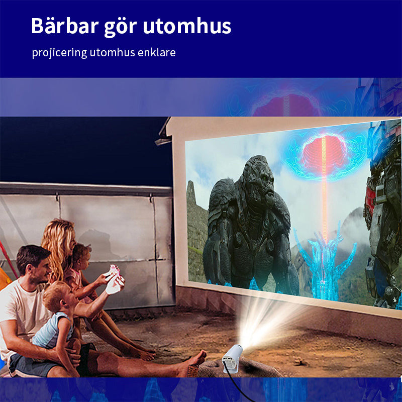 "Smart projektor med 180° roterande projektion, visar färgglad hembiovisning på vit vägg, modern design."