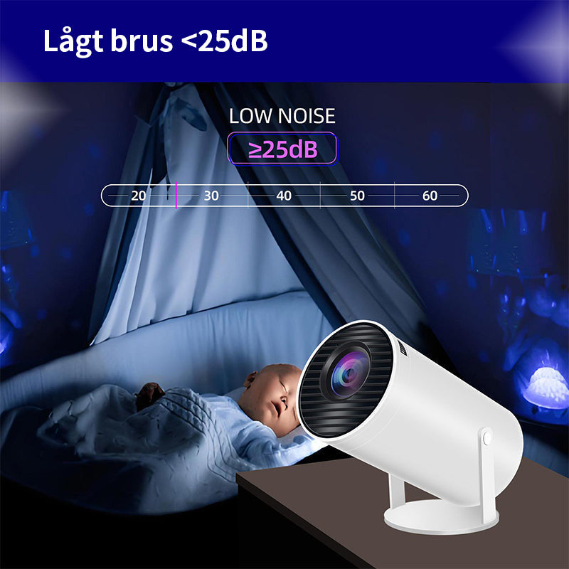 "Smart projektor med 180° roterande projektion, visar färgglad hembiovisning på vit vägg, modern design."