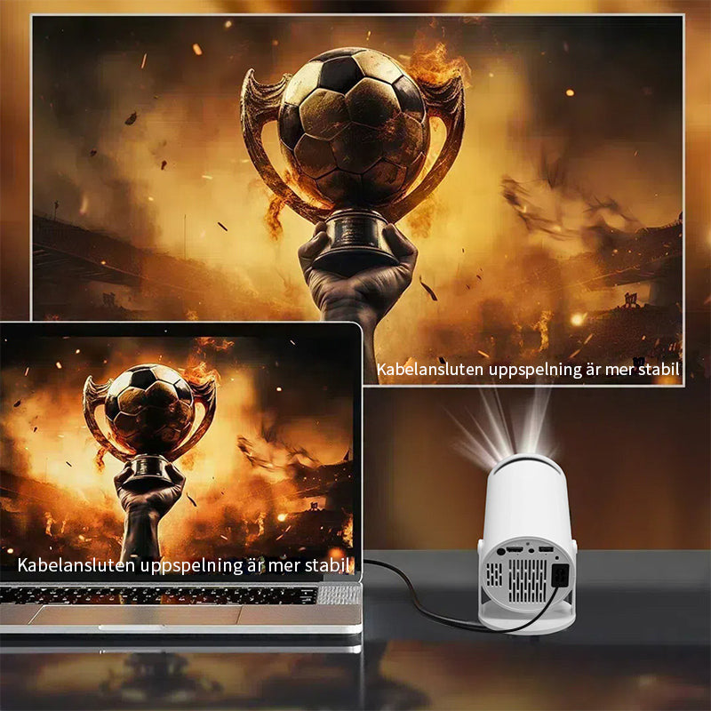 "Smart projektor med 180° roterande projektion, visar färgglad hembiovisning på vit vägg, modern design."