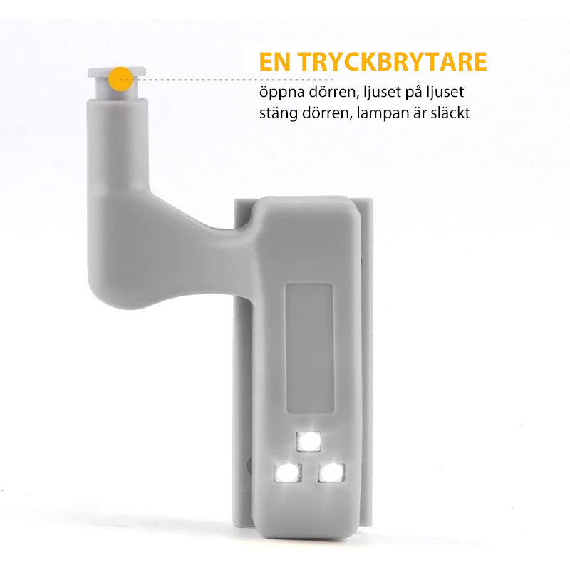 "Smart skåpsensor LED-ljus för automatisk belysning, kompakt design, installationsbild med robust ABS-material."