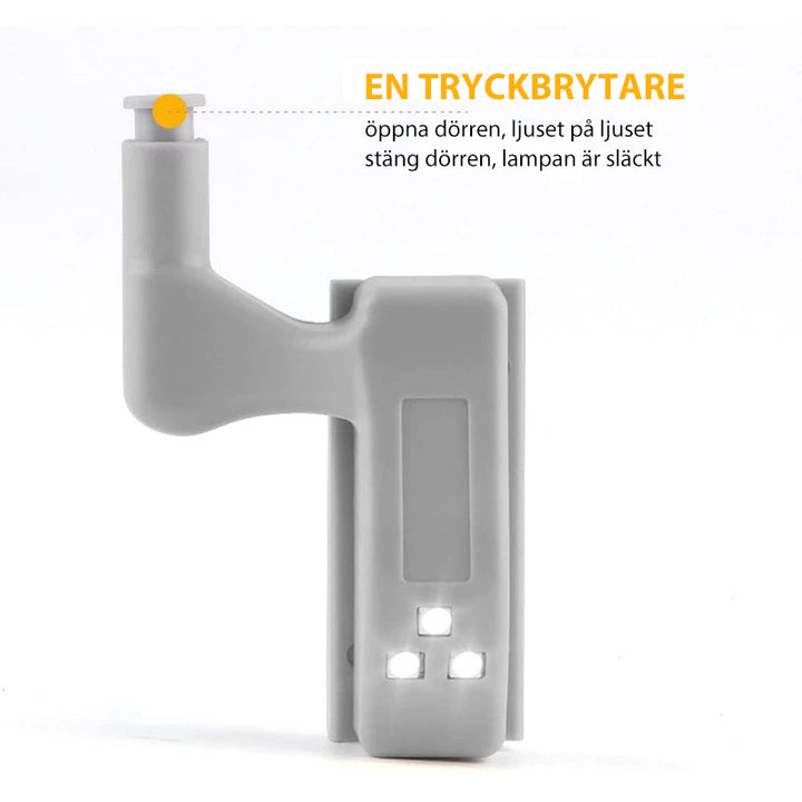 "Smart skåpsensor LED-ljus för automatisk belysning, kompakt design, installationsbild med robust ABS-material."