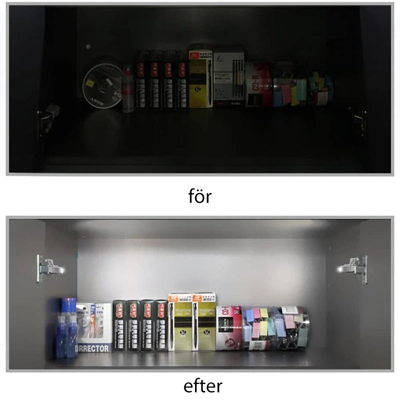 "Smart skåpsensor LED-ljus för automatisk belysning, kompakt design, installationsbild med robust ABS-material."