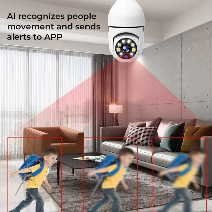 "Smart WiFi HD-kamera med humanoid-detektion, vit design, 360° vy, säkerhetsteknologi för hem och företag."