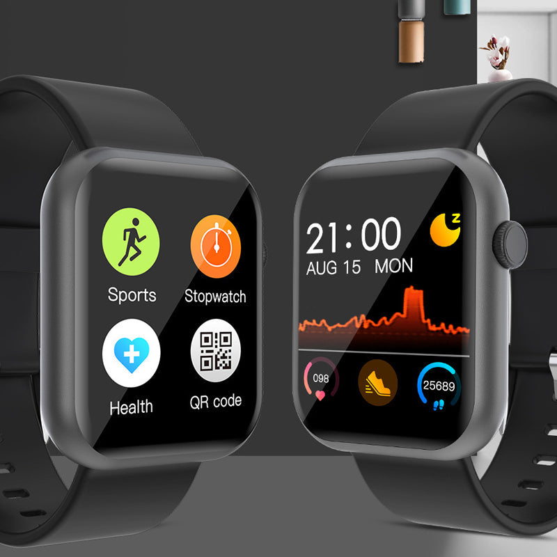 Smartklocka med puls- och blodsyreövervakning i svart, guld och rosa; stilren design för hälsospårning direkt från handleden.