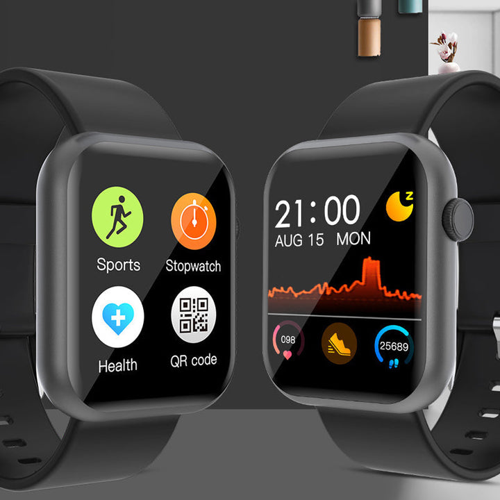 Smartklocka med puls- och blodsyreövervakning i svart, guld och rosa; stilren design för hälsospårning direkt från handleden.