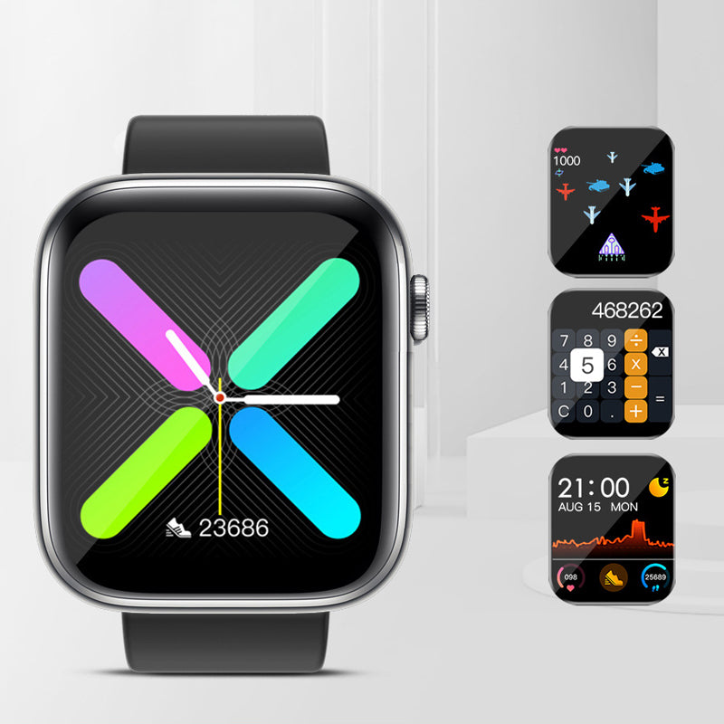 Smartklocka med puls- och blodsyreövervakning i svart, guld och rosa; stilren design för hälsospårning direkt från handleden.