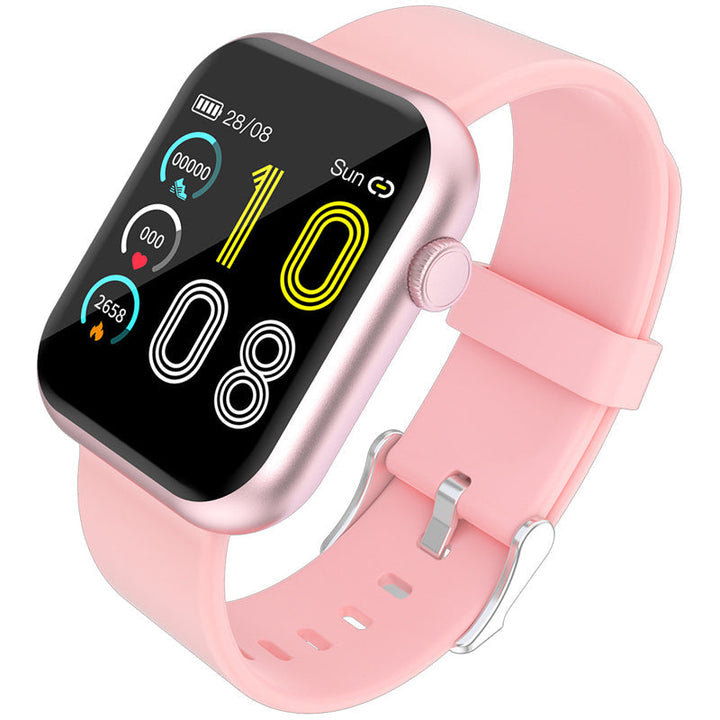 Smartklocka med puls- och blodsyreövervakning i svart, guld och rosa; stilren design för hälsospårning direkt från handleden.