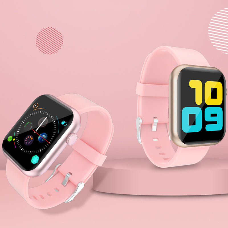 Smartklocka med puls- och blodsyreövervakning i svart, guld och rosa; stilren design för hälsospårning direkt från handleden.