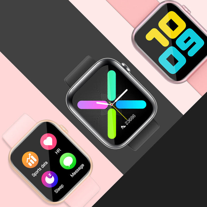 Smartklocka med puls- och blodsyreövervakning i svart, guld och rosa; stilren design för hälsospårning direkt från handleden.