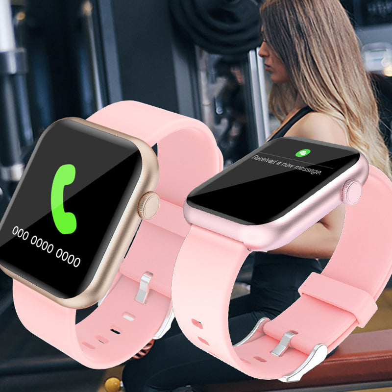 Smartklocka med puls- och blodsyreövervakning i svart, guld och rosa; stilren design för hälsospårning direkt från handleden.