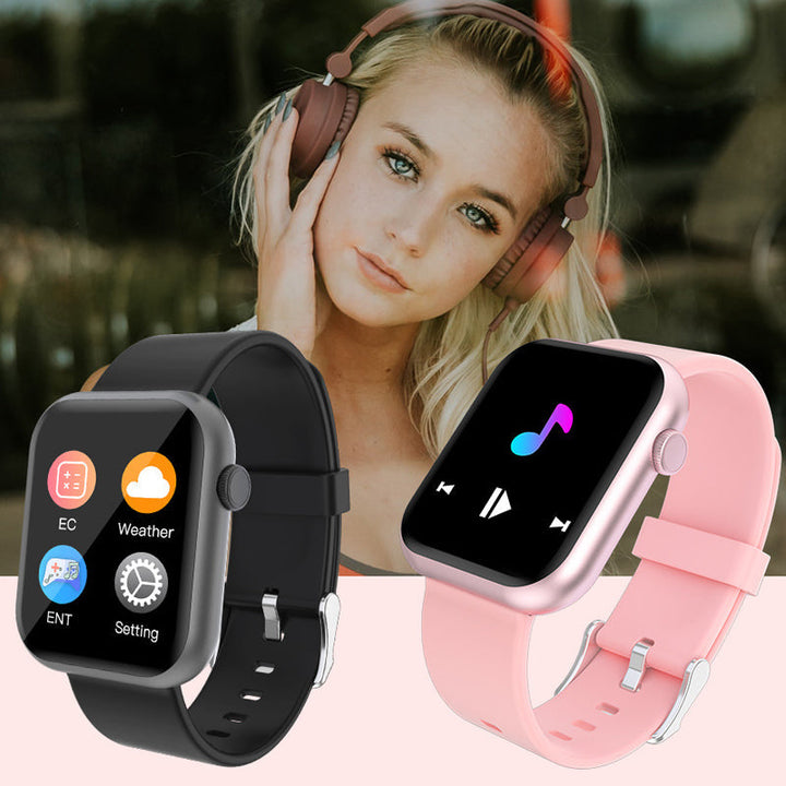 Smartklocka med puls- och blodsyreövervakning i svart, guld och rosa; stilren design för hälsospårning direkt från handleden.