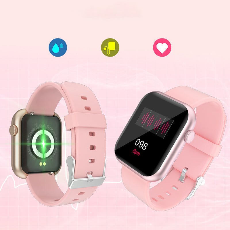 Smartklocka med puls- och blodsyreövervakning i svart, guld och rosa; stilren design för hälsospårning direkt från handleden.