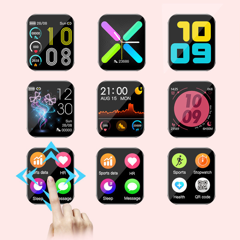 Smartklocka med puls- och blodsyreövervakning i svart, guld och rosa; stilren design för hälsospårning direkt från handleden.