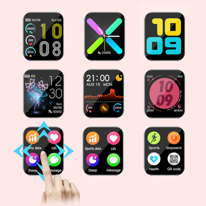 Smartklocka med puls- och blodsyreövervakning i svart, guld och rosa; stilren design för hälsospårning direkt från handleden.