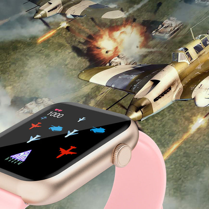 Smartklocka med puls- och blodsyreövervakning i svart, guld och rosa; stilren design för hälsospårning direkt från handleden.