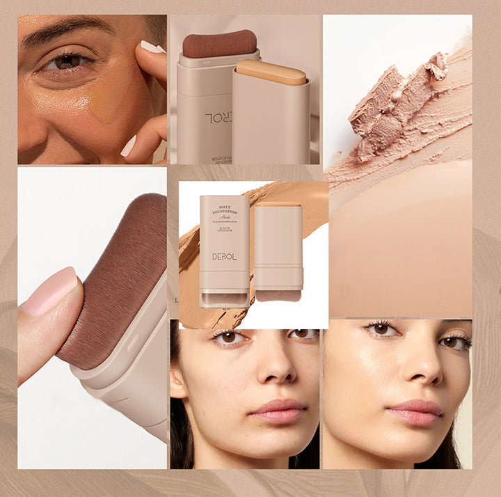 "Sminkstick med inbyggd borste, beige nyans, för enhetlig täckning och naturlig finish, kompakt och resvänlig."
