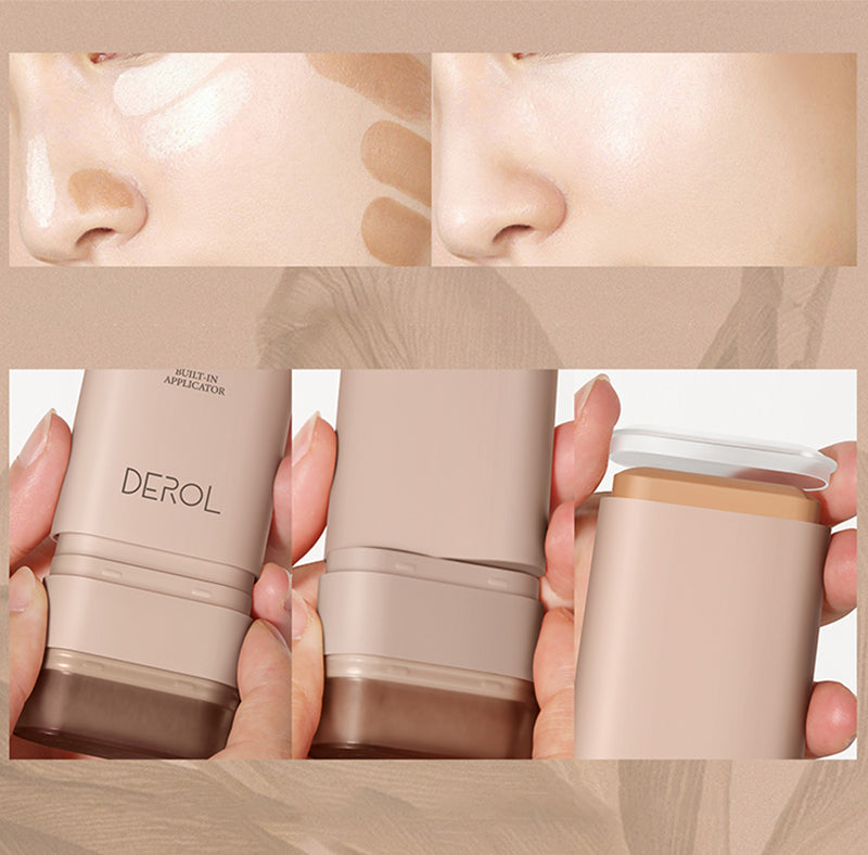 "Sminkstick med inbyggd borste, beige nyans, för enhetlig täckning och naturlig finish, kompakt och resvänlig."