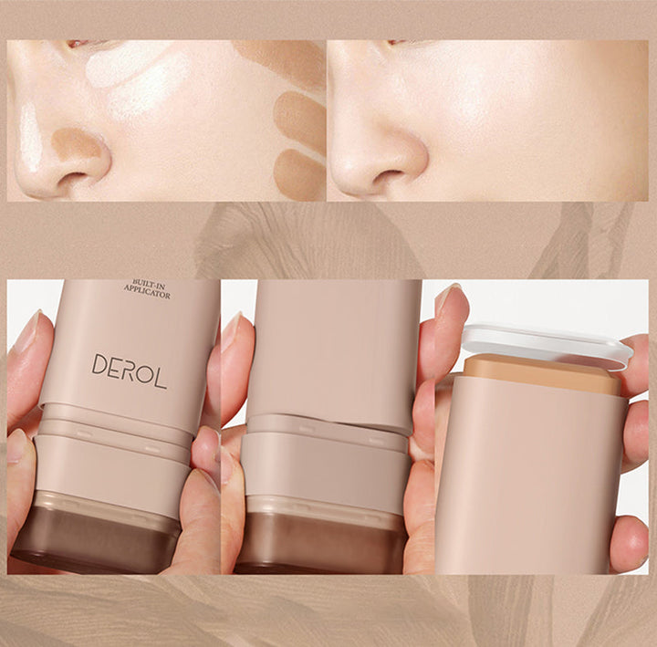 "Sminkstick med inbyggd borste, beige nyans, för enhetlig täckning och naturlig finish, kompakt och resvänlig."