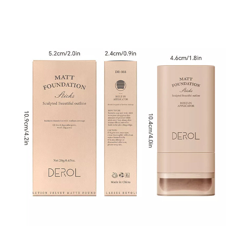 "Sminkstick med inbyggd borste, beige nyans, för enhetlig täckning och naturlig finish, kompakt och resvänlig."