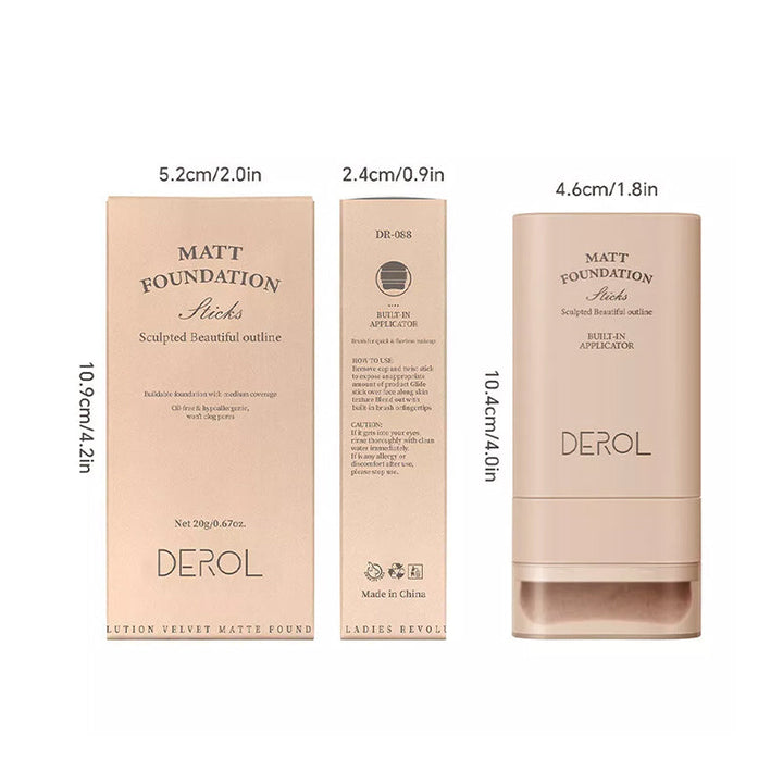 "Sminkstick med inbyggd borste, beige nyans, för enhetlig täckning och naturlig finish, kompakt och resvänlig."