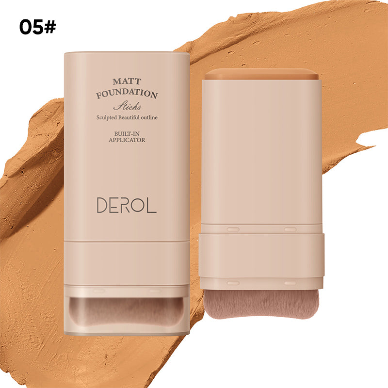 "Sminkstick med inbyggd borste, beige nyans, för enhetlig täckning och naturlig finish, kompakt och resvänlig."