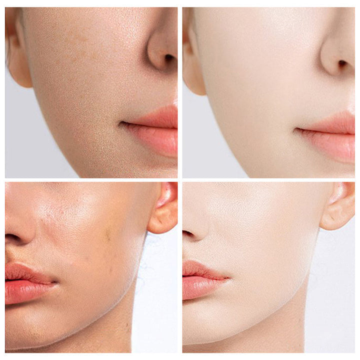 "Sminkstick med inbyggd borste, beige nyans, för enhetlig täckning och naturlig finish, kompakt och resvänlig."