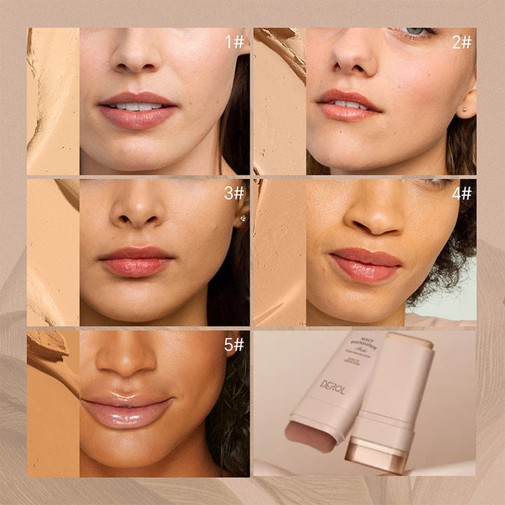 "Sminkstick med inbyggd borste, beige nyans, för enhetlig täckning och naturlig finish, kompakt och resvänlig."