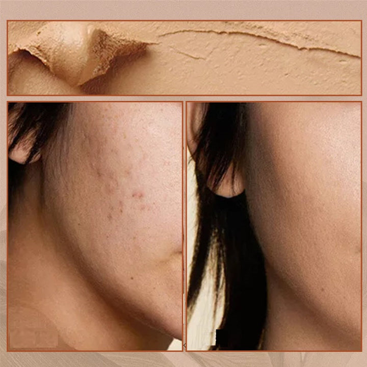 "Sminkstick med inbyggd borste, beige nyans, för enhetlig täckning och naturlig finish, kompakt och resvänlig."