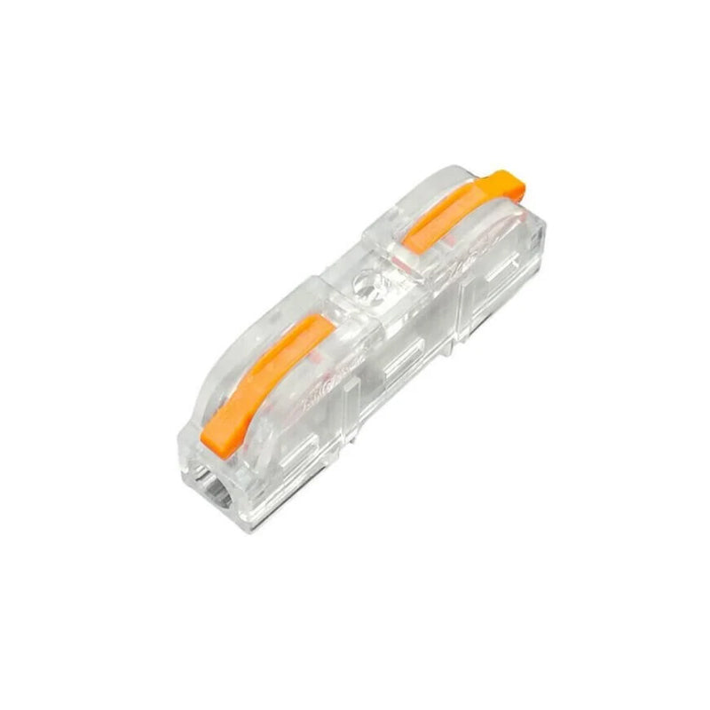 "Snabbkopplingsterminal med flamskydd, verktygslös och kompakt design i grå och transparenta nyanser, 3,9x0,8x1,8 cm."