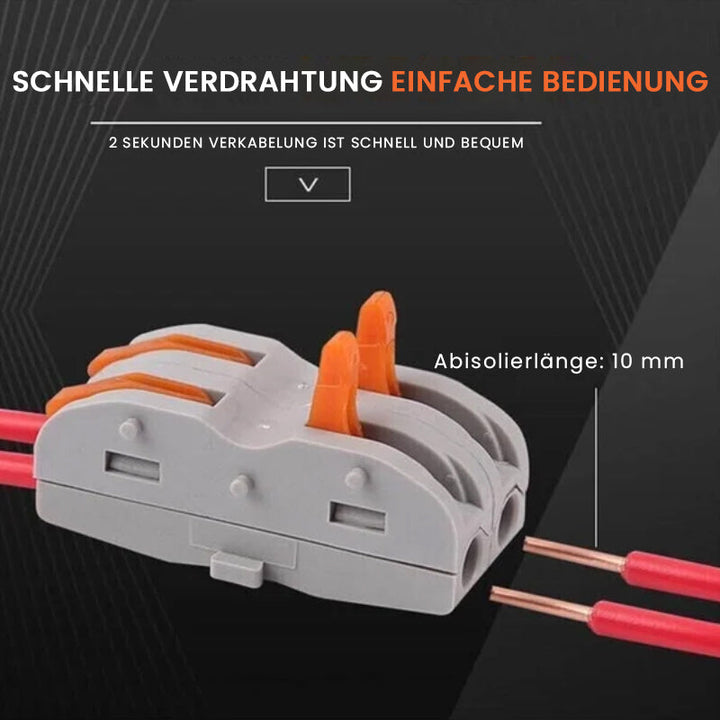 "Snabbkopplingsterminal med flamskydd, verktygslös och kompakt design i grå och transparenta nyanser, 3,9x0,8x1,8 cm."