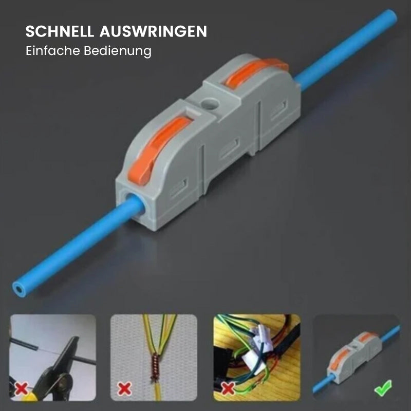 "Snabbkopplingsterminal med flamskydd, verktygslös och kompakt design i grå och transparenta nyanser, 3,9x0,8x1,8 cm."