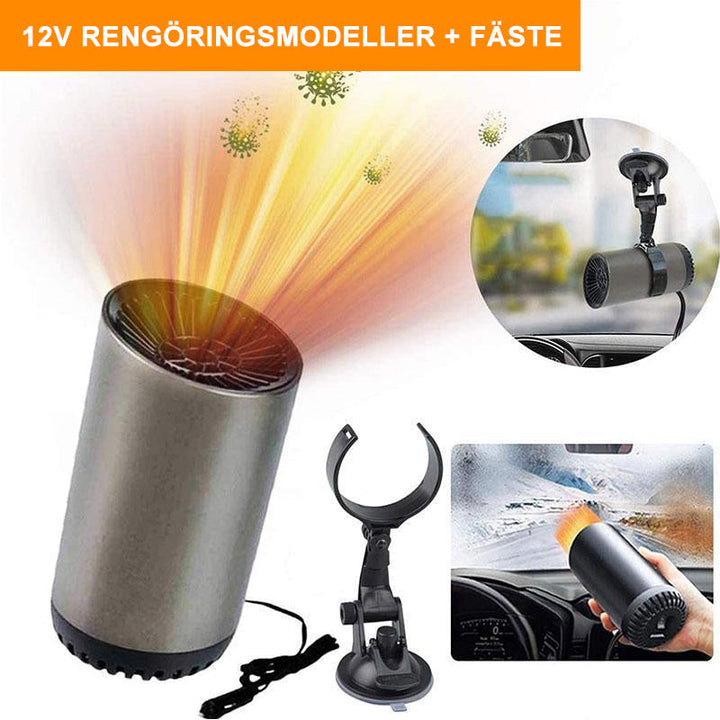 "Snabbvärmande varmluftsfläkt för bil med roterbart fäste, kompakt design, passar perfekt i bilens instrumentbräda."