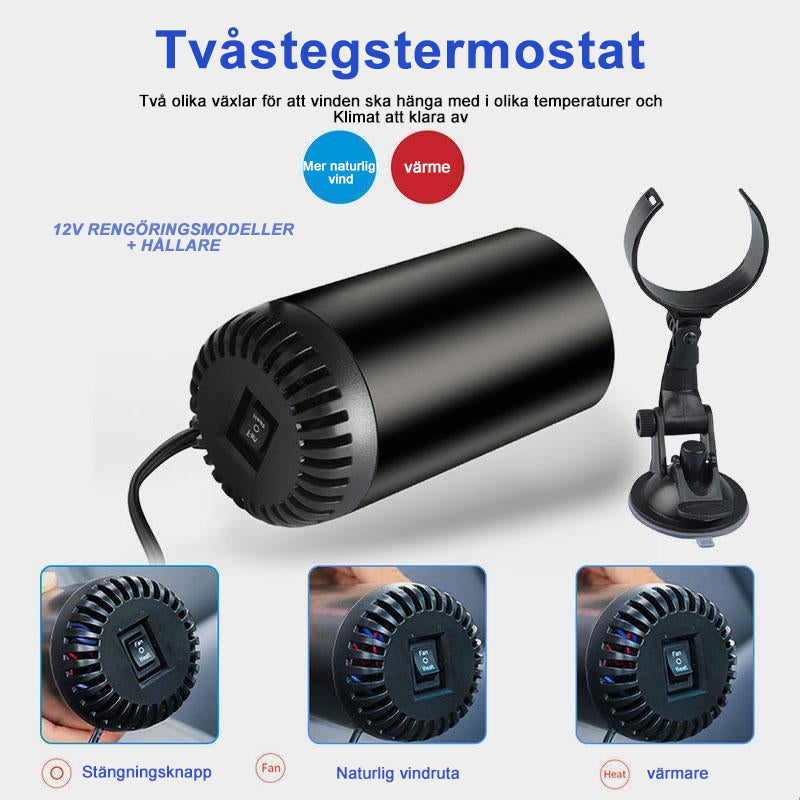 "Snabbvärmande varmluftsfläkt för bil med roterbart fäste, kompakt design, passar perfekt i bilens instrumentbräda."