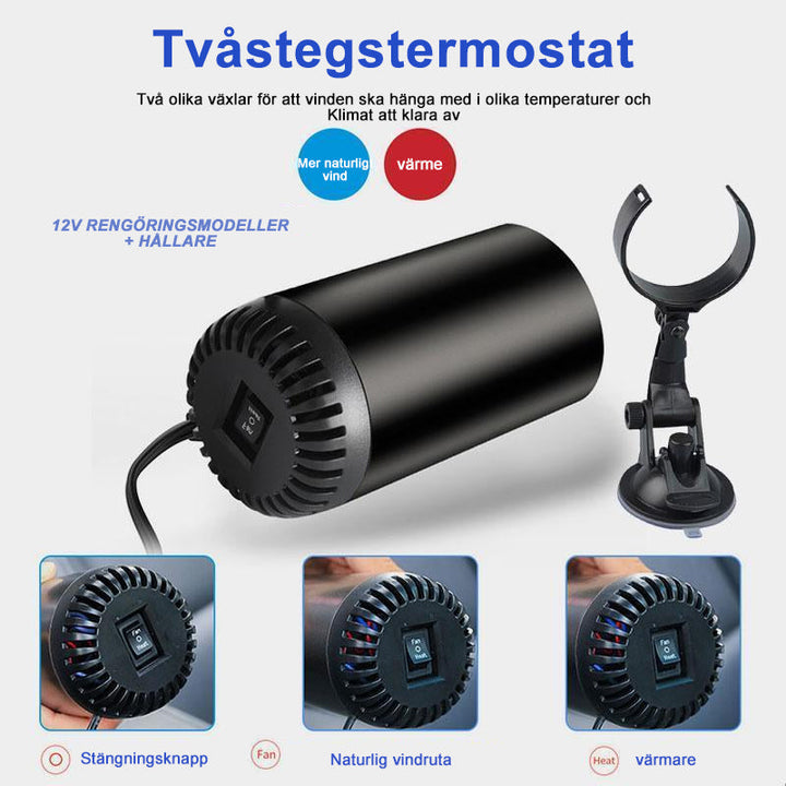 "Snabbvärmande varmluftsfläkt för bil med roterbart fäste, kompakt design, passar perfekt i bilens instrumentbräda."