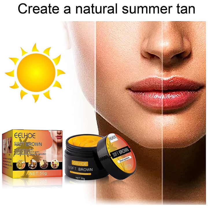"Solbränna Accelerator Gel, snabbverkande gel för djup bränna, berikad med morotsolja och aloe vera för alla hudtyper."