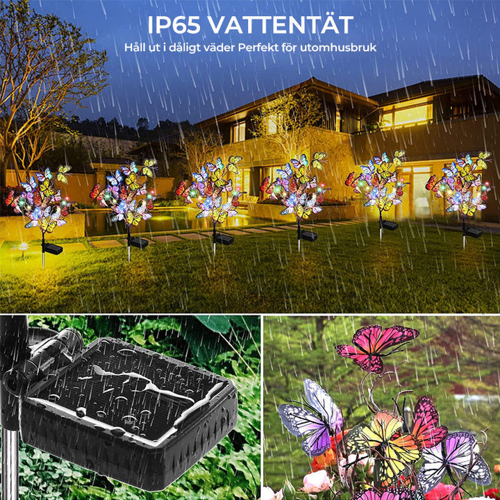 "Solcell LED fjärilsträdgårdslampa, 2-pack, realistiska fjärilar, färgglada ljus, IP65, utomhusdekoration, energisnål"
