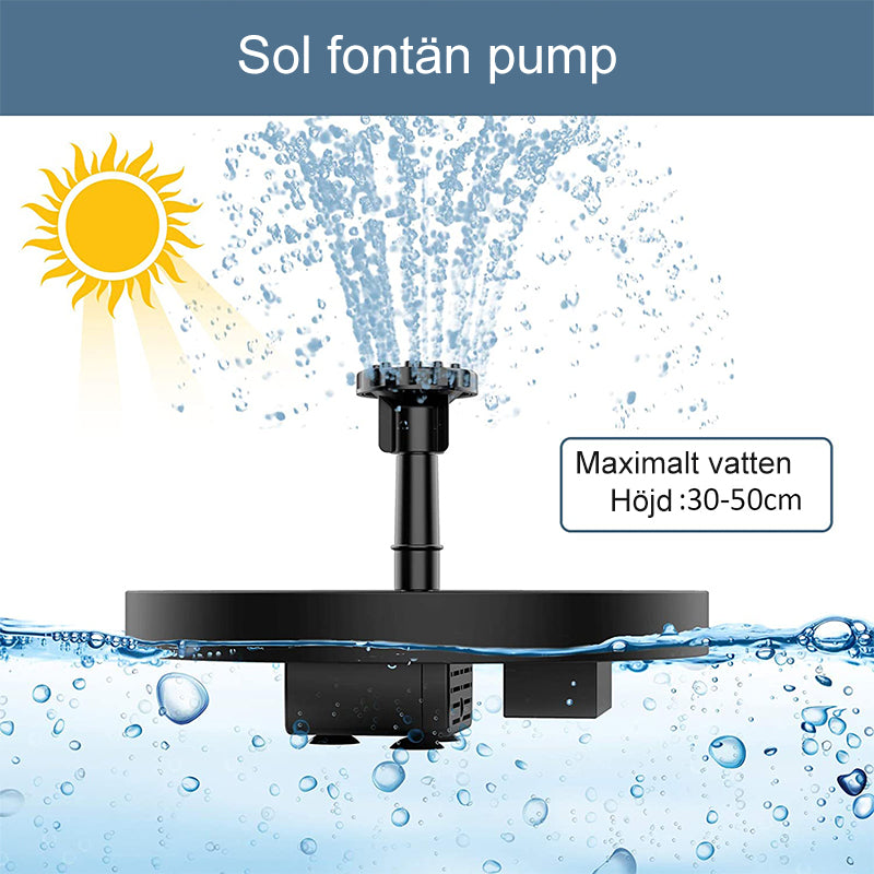 "Solcellsdriven fontänpump i trädgård; justerbara munstycken i solglans, skapar vacker och miljövänlig vatteneffekt."