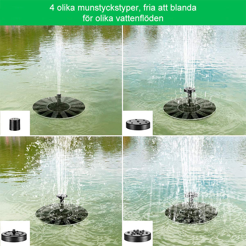 "Solcellsdriven fontänpump i trädgård; justerbara munstycken i solglans, skapar vacker och miljövänlig vatteneffekt."