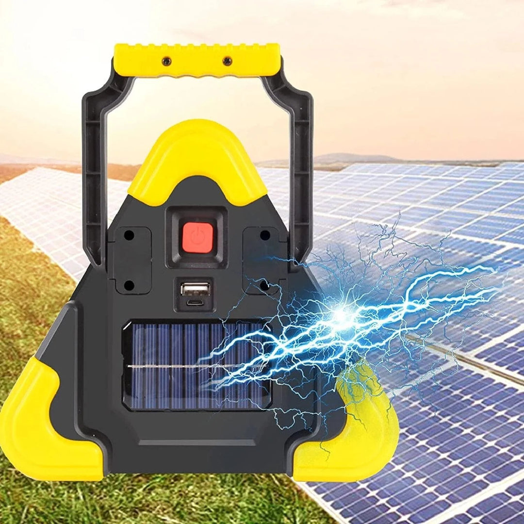 "Solcellsdriven nödsignallampa i robust ABS med USB-laddare, hög ljusstyrka och olika ljuslägen för säker resa"