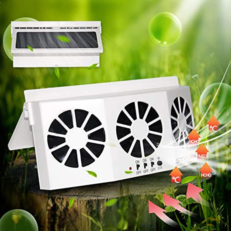 "Soldriven avgasfläkt för fordon, portabel, solcellsdriven, svart och vit design, effektiv ventilation och kylning."
