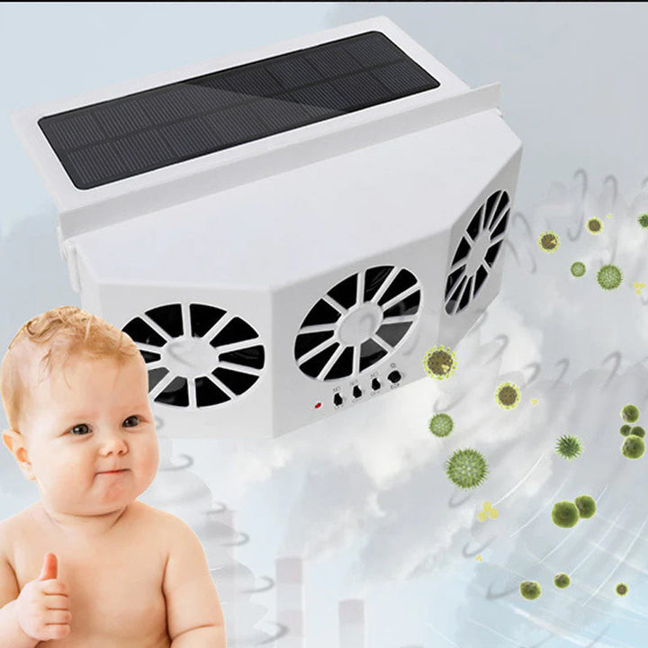 "Soldriven avgasfläkt för fordon, portabel, solcellsdriven, svart och vit design, effektiv ventilation och kylning."