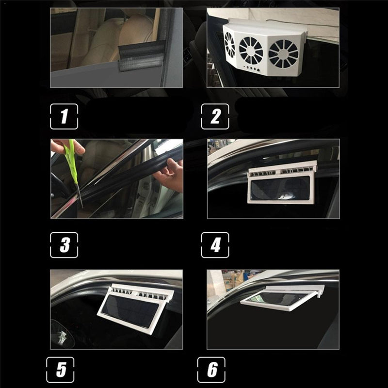 "Soldriven avgasfläkt för fordon, portabel, solcellsdriven, svart och vit design, effektiv ventilation och kylning."