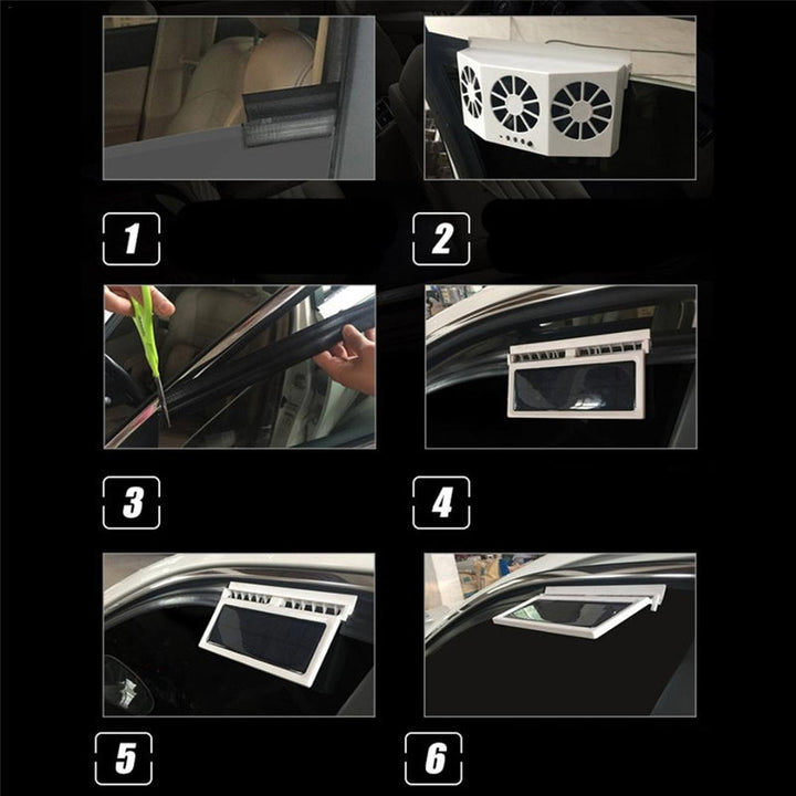 "Soldriven avgasfläkt för fordon, portabel, solcellsdriven, svart och vit design, effektiv ventilation och kylning."