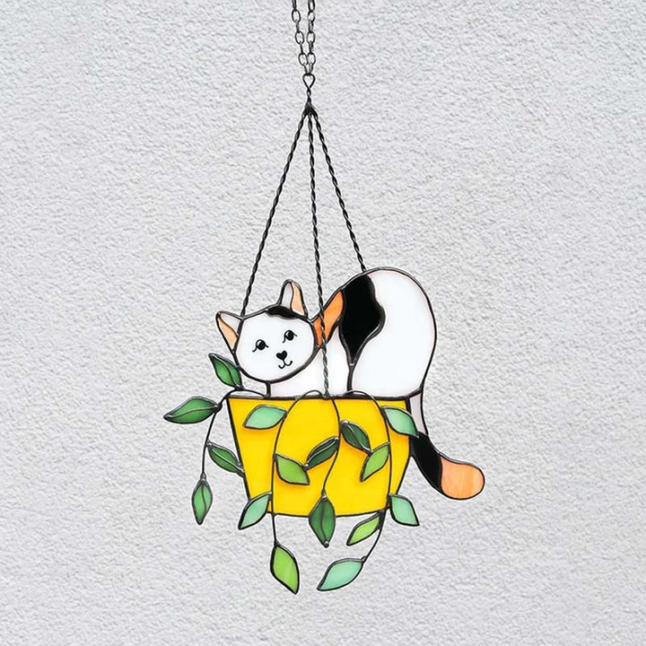 "Solfångare glasfönsterhängare med katt i blomkruka, levande färger, för trädgårdsdekoration och soligt fönster"