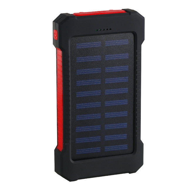 "Solladdad stötsäker powerbank 10000mAh, robust med dubbla USB-portar och LED-lampa i olika färger."
