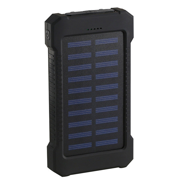 "Solladdad stötsäker powerbank 10000mAh, robust med dubbla USB-portar och LED-lampa i olika färger."