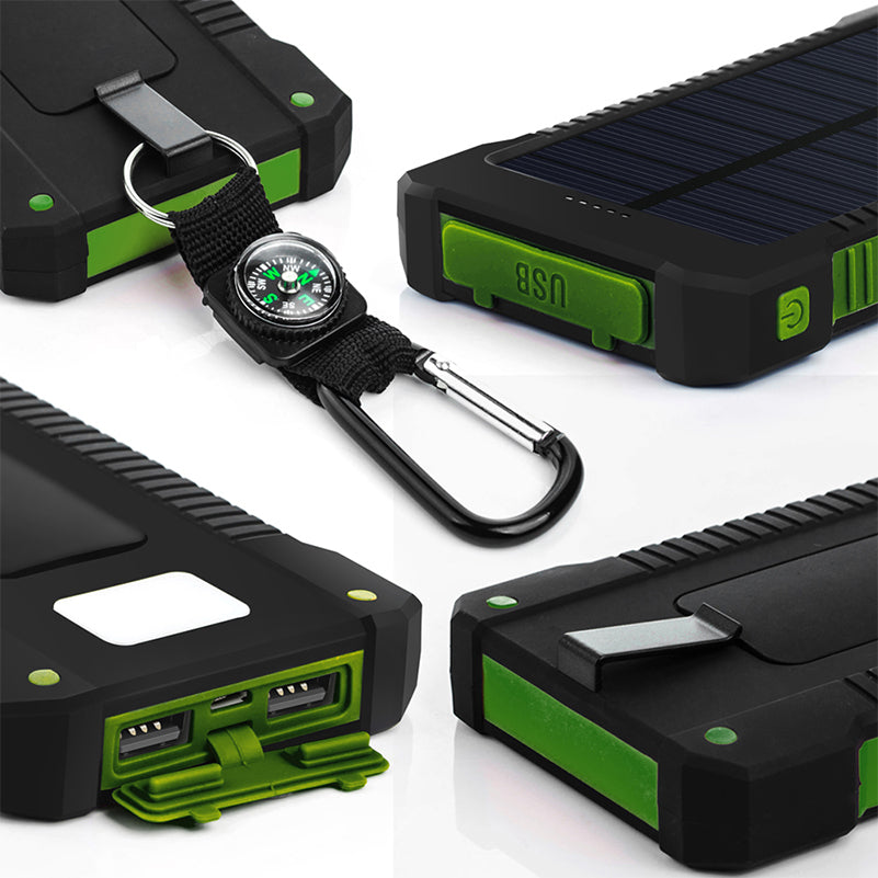"Solladdad stötsäker powerbank 10000mAh, robust med dubbla USB-portar och LED-lampa i olika färger."