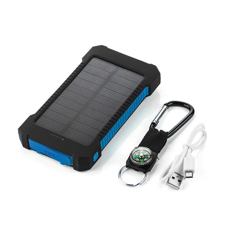 "Solladdad stötsäker powerbank 10000mAh, robust med dubbla USB-portar och LED-lampa i olika färger."