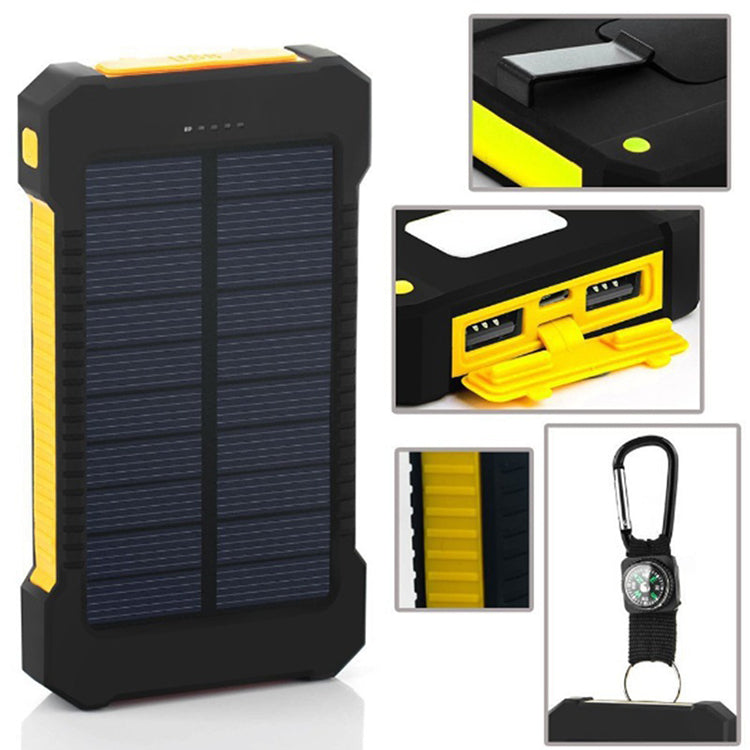 "Solladdad stötsäker powerbank 10000mAh, robust med dubbla USB-portar och LED-lampa i olika färger."
