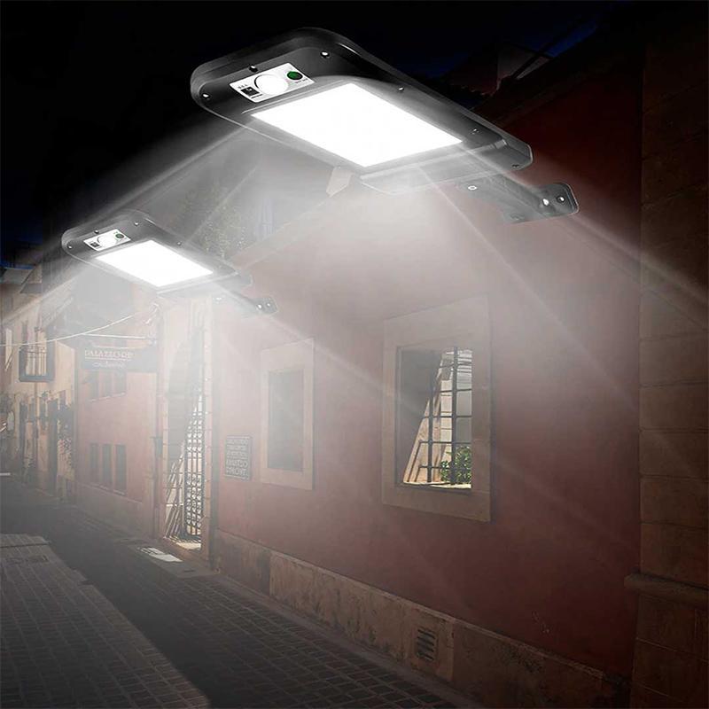 "Solvarm LED-utomhuslampa med rörelsesensor, väggmonterad, väderbeständig, för trädgårds- och verksamhetsbelysning."